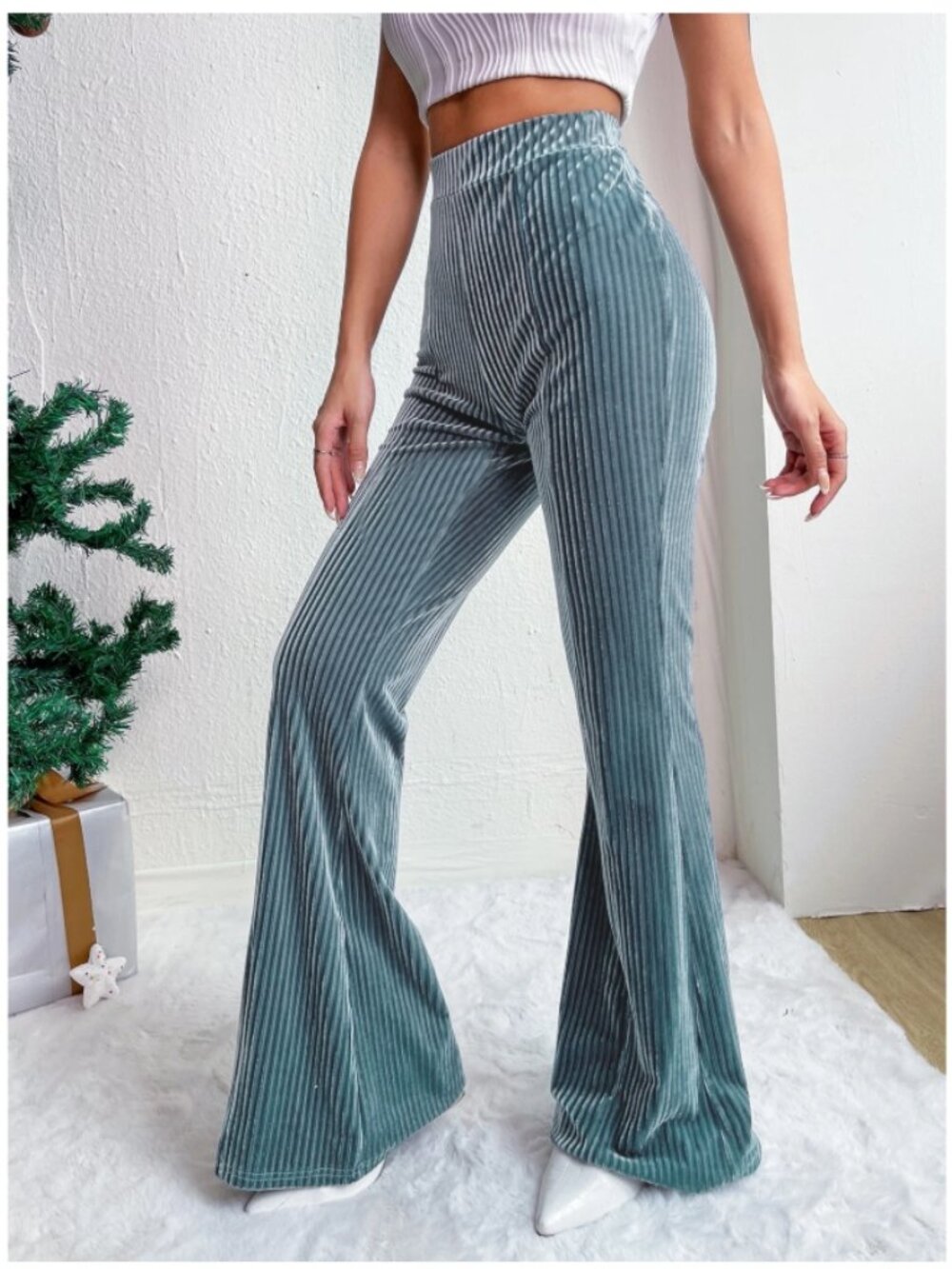 Ribbed Flare Pants | Size L | High Waist Velvet Wide Leg Lounge Pants